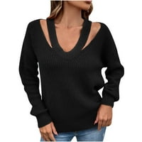 Намален дамски пуловер плетен с V-образно пуловер пуловер плъзгащ се твърд цвят свободно време късо дължина пуловер с дълъг ръкав с дълъг ръкав
