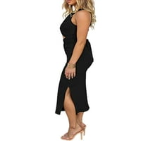 Haite Women Midi рокля странична цепка Bodycon рокли без ръкави празник плаж ребро сплетени черни s