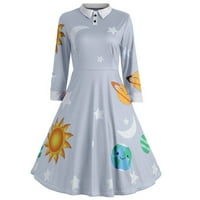 Royallove модна жена Слънце и Луна Звезда от печат Botton с дълъг ръкав пламък винтидж рокли за жени