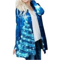 Зимни палта за жени - жилетка макет врата Дълъг ръкав печат тънък дълъг Връхни дрехи суитшърт, за есен зима синьо ххл