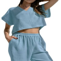 Дамска пижама комплектира мека риза с къси ръкави с V-образно декол