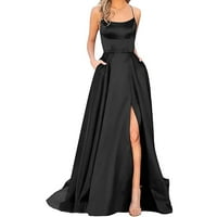 Женска рокля с дълга топка елегантна халтек без гръб A-Line Criss-Cross Satin Spaghetti Strip Party Prom Sidit Slit сватбена рокля
