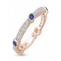 Карат кръг отрязал бял натурален диамантен сватбен пръстен със син сапфир в 14K розово злато над стерлингово сребро, размер на пръстена-4