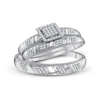 Солидна стерлингова сребро, неговата и нейната кръгла диамантен квадрат съвпадаща двойка три пръстена булчински годежен пръстен сватбени ленти комплект CT. -
