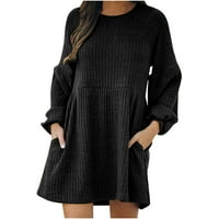 Рокли за жени ежедневни дамски тенденции зимен ръкав трикотажни средна талия пуловер рокля Черно л
