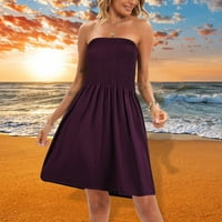 Просвета летни рокли за жени Кратка модна солидна без ръкави A-Line извън рамото плажна рокля Purple S