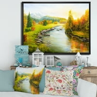 Дизайнарт 'Есенен пейзаж с гора река и планини' езеро къща рамка платно стена арт принт