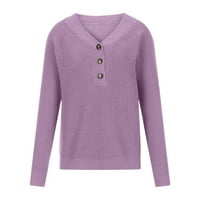 Дамски есенни пуловери Небрежни жени Небрежни солисти с дълъг ръкав джоб плетат пуловер v-образно палто за пуловер продажба лилаво