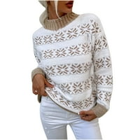 Voncos пада пуловери за жени плетени коледен свободен топъл дълъг ръкав половин висок яка печат пуловери бял размер l