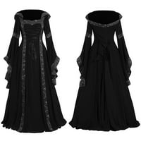 Черни готически рокли за жени Дамски реколта етаж дължина Готически косплей рокля жени есен зима Готически ретро флорален печат бални рокли рокля