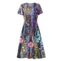 Дамска лятна рокля Дамски летни ежедневни Мода флорален печат къс ръкав в-врата Суинг рокля, тъмно лилаво, ххл