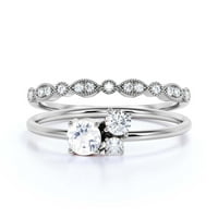 Уникален каменна минималистичен 1. Карат кръг отрязан диамантен мосанит годежен пръстен, трилогия пръстен, сватбен пръстен в сребро със стерлинги с 18K подарък за бяло злато за нея, булчински комплект, съвпадаща
