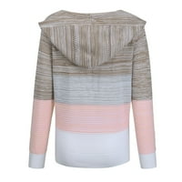 Жени модни ежедневни ивици пачуърк v-образен деколте дълги ръкави пуловер с качулка блуза върхове розово 3xl