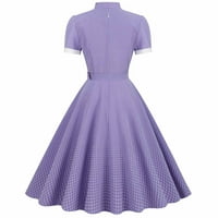 Дамски рокли империя талия плавен плисе Суинг А линия Реколта 1950 Дипломиране рокли лято цвят блок в-врата къс ръкав Официален миди рокля лилаво л