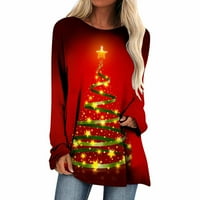 Дамски облечени ежедневни тениски есен блуза Коледно печат свободни върхове екипаж на врата с дълъг ръкав червен xxl