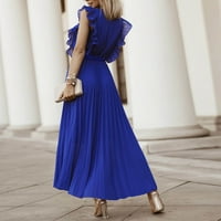 Летни рокли за жени Дължина на глезена с къс ръкав A-Line Solid V-Neck Dress Blue S