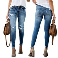 Женски високопоставени кльощави дънки панталони направо тънки панталони за крака дълги ежедневни панталони с джобове сини m