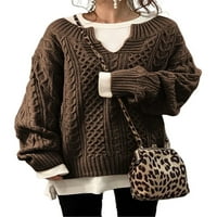 Дамски плетат пуловер върхове vneck с дълъг ръкав кабел пуловери ежедневни зимни есенни дрехи кокетни трикотажни дрехи
