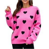 Женски пуловери пуловери с дълъг ръкав Crewneck Heart Print Ploteater Y2K Pullover Classic Pullover Женски есен зими пуловери есенни дрехи горещо розово m