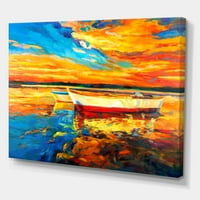 Червени и бели лодки до кея на оживен Залез живопис платно изкуство печат