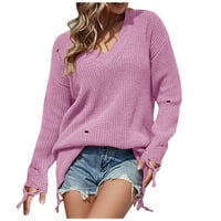 Детесбула пуловери за жени Разчистване Модни жени Солидни дълги ръкави Пулув издълбан на V-образно деколте небрежни пуловерни върхове