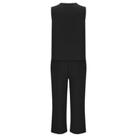 Daqian дамски дрехи Комплекти лятна мода Женски V-образно деколте солидни без ръкави отгоре + свободни джобни панталони костюм дамски плюс размер върхове просветка черно 12