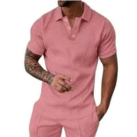 Мъжки модни ризи отпуснаха прилепване на солиден цветен текстурен бутон с къс ръкав с яка тениски за ежедневни стилни улични улици Топ блуза розово xxxxl