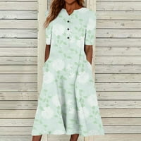 Дамски летни ежедневни модни Флорални печатни с къс ръкав бутон джобна рокля