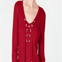 Дамски червен оребрен Rhinestone Grommet с дълъг ръкав v пуловер с врата Размер: S