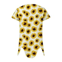 Ханас върхове за жени Лятна мода, ежедневни ризи за къса ръкав, слънчогледи отпечатват разхлабени неправилни подгъвания тенис отгоре жълт2 s