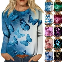 Ронг Юн Дамски блузи елегантни ежедневни качулки за жени дамска мода ежедневни дълги ластици пеперуда печат кръг врата пуловер Топ Блуза Кралско синьо л